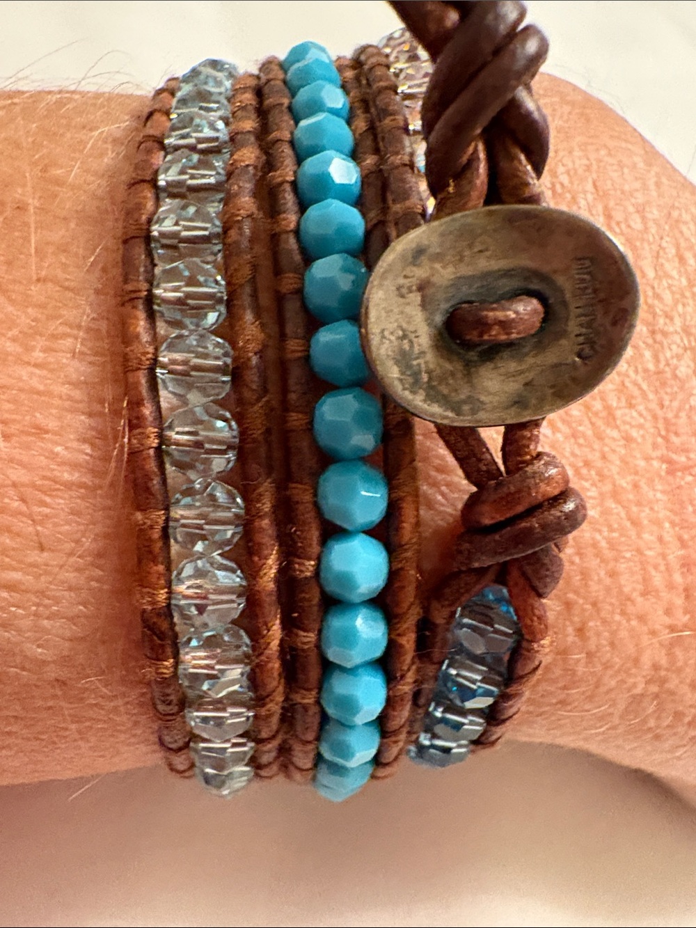 Chan Luu Turquoise and Brown Leather Wrap Bracelet with Clear Beads